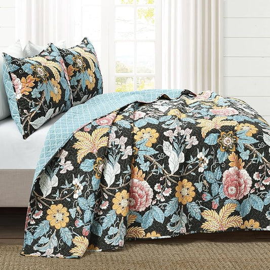 Lush Decor Sydney Reversible Cotton Quilt Set, 3 Piece Set, Full/ Queen, Black & Blue - Cotton Bedding Set - Black Floral Quilt - Cottage Decor - Bedding Queen Size