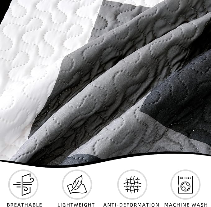 3 Piece Black Grey Quilt Set King Size Black White Gray Geometric Reversible Bedding Set Microfiber Lightweight Bedspread Coverlet with 2 Shams Modern Bed Covers for All Season, 106''x96''
