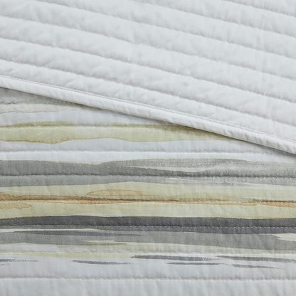 Madison Park Quilt Set Cottage Coastal Design, 6 Piece Set - All Season, Coverlet Bedspread Lightweight Bedding Layer, Shams, Toss Pillows, Full/Queen(90 in x 90 in), Yellow/Grey
