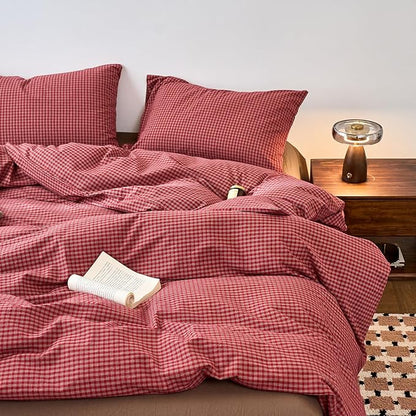 Gingham Twin Duvet Cover Red Washed Cotton Twin Comforter Cover Plaid Checkered Boho Zipper Duvet Cover Set with 2 Pillow Cases Farmhouse Girls Bedding Set Pattern Duvet Protector