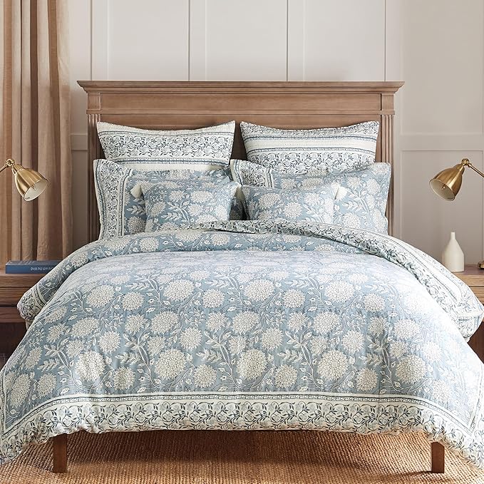 Levtex Home Adare Blue Reversible Full/Queen Comforter Set (90x94in) with 2 Pillowcases (26x20in) - Floral Bedding - Blue and White - 100% Cotton Full/Queen Size Comforter Set - Soft, Pre-Washed