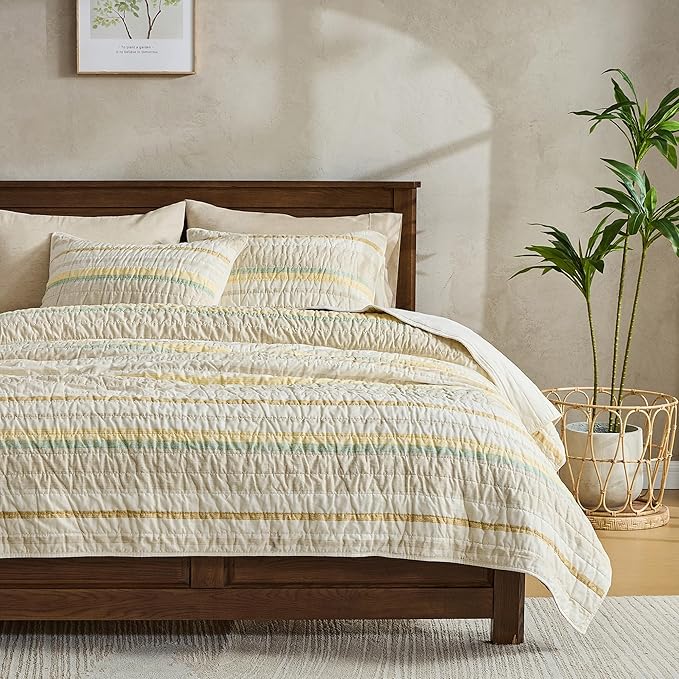 Wonderful 100% Cotton Quilt Set Queen Size Striped Fall Bedding, Natural Dyed Cozy & Breathable Coverlet, Soft Pre-Washed Bedspread (Light Yellow/Green)