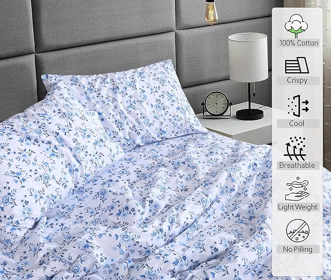 RUVANTI 100% Cotton Sheets – Twin XL Size Percale Bedding, Cooling & Breathable Floral Design, Durable with a Crisp, Soft & Comfortable Feel, 16" Deep Pocket, 3-Piece Set, Annual