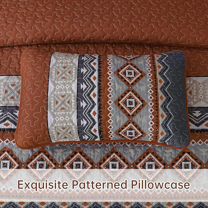 WONGS BEDDING 3 Pieces Quilt Set King Size, Burnt Orange Quilt Bedspread Lightweight Bohemian Coverlet Set with 2 Pillowcase, Soft Geometry Printed Bedding Set King for All Season 104"×90"