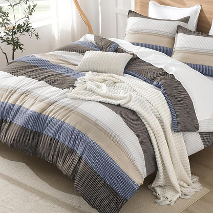 Litanika Queen Comforter Set Blue Brown - 3 Pieces Lightweight Fluffy Bedding Comforter Sets, All Season Down Alternative Comforter (1 Comforter, 2 Pillowcases)