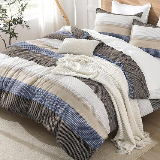 Litanika Full Comforter Set Blue Brown - 3 Pieces Lightweight Fluffy Bedding Comforter Sets, All Season Down Alternative Comforter (1 Comforter, 2 Pillowcases)