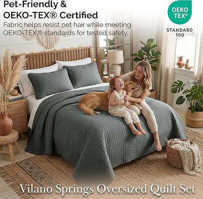 Southshore Fine Living, Inc. Oversized Quilt King Size Set, Grey Bed Spread King Size with 2 Matching Pillow Shams, Microfiber Quilted Comforter Bed Coverlet, Bedspread Set, Slate Grey Quilt