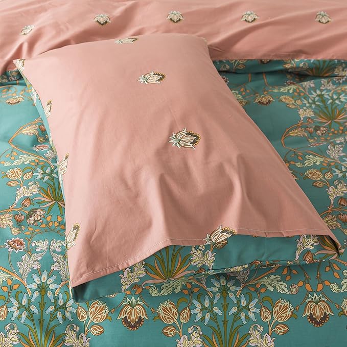 Zusbest 100% Cotton Blue Floral Pillowcases Standard Size Set of 2, 19''×29'', Queen Size Teal Orange French Country Floral Printed Reversible Pillow Covers Soft Envelope Queen Pillowcase Protectors