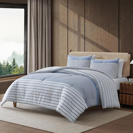 Eddie Bauer - Full/Queen Comforter Set, Super Soft Bedding with Matching Shams, Two-Piece Back Closure, Modern Room Essentials (Cooper Stripe Blue, Full/Queen)
