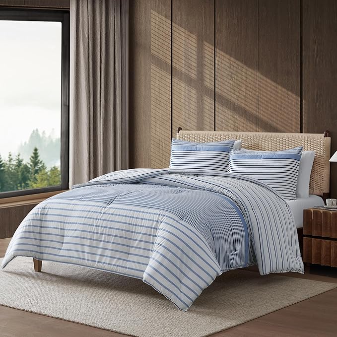 Eddie Bauer - King Comforter Set, Super Soft Bedding with Matching Shams, Two-Piece Back Closure, Modern Room Essentials (Cooper Stripe Blue, King)