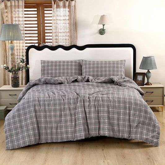 SDIII 3PCS Brown Gingham Comforter Set Full 100% Washed Microfiber Lightweight Gingham Bedding Full Farmhouse Shabby Chic Checkered Bedding Brown
