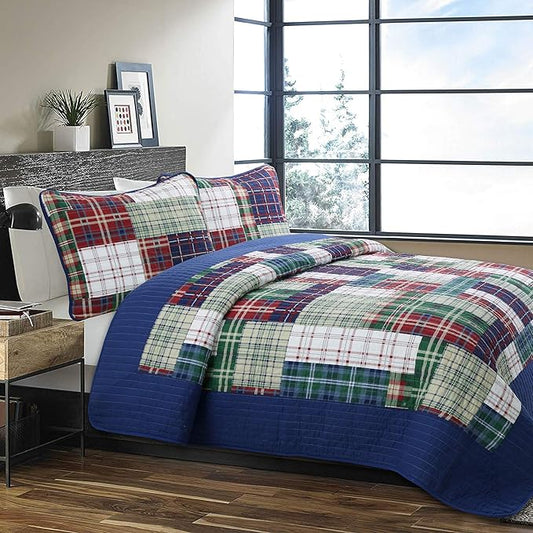 Cozy Line Home Fashions Nate Patchwork Quilt Set, Green Red Navy White 100% Cotton Reversible Coverlet Bedspread for Boy (Nate Patchwork, Twin - 2 Piece)