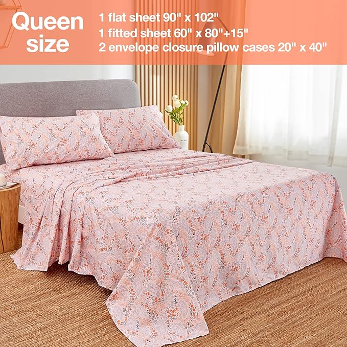 JSD Pink Paisley Floral Sheet Set Queen Size, 4 Piece Soft Printed Microfiber Sheets Extra Deep Pocket