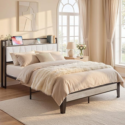 LIKIMIO Queen Bed Frames, Bouclé Storage Headboard with Charging Station, Solid and Stable, Noise Free, No Box Spring Needed, Easy Assembly