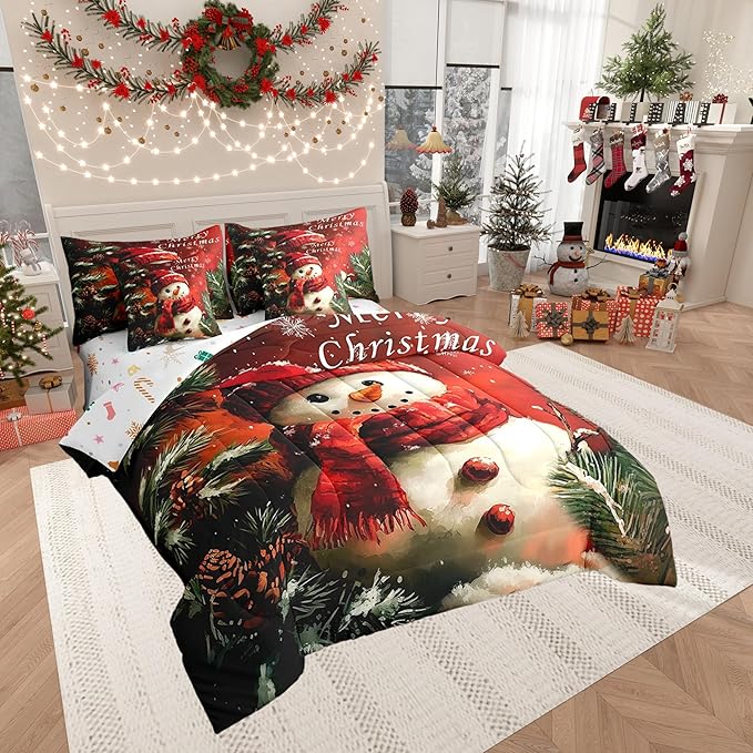 Winter Snowman Comforter Set 7 Pieces,Merry Christmas Trees Flowers Bed Set,Happy New Year Bedding Bed in a Bag Soft,Queen (1 Comforter,2 Pillowcase,2 Pillow Covers,1 Flat Sheet,1 Fitted Sheet)