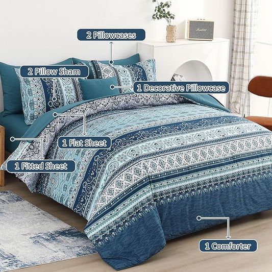 Cottolester Boho Comforter Set California King Size 8 Pieces, Teal Blue Comforter Bohemian Striped Bed in A Bag, Soft Microfiber Bedding Set for All Seasons