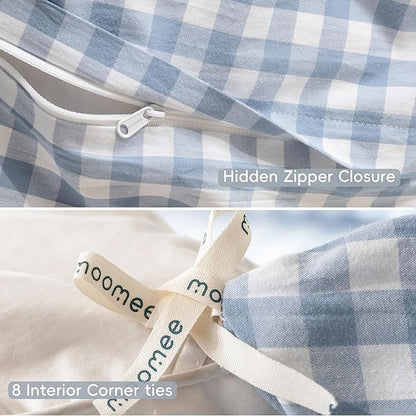 MooMee Gingham Duvet Cover Set 100% Washed Cotton Linen Like Textured Breathable Durable Soft Comfy Modern Checkered Design (Classic Gingham Cornflower Blue, Palatial King/Oversized King 120"x98")