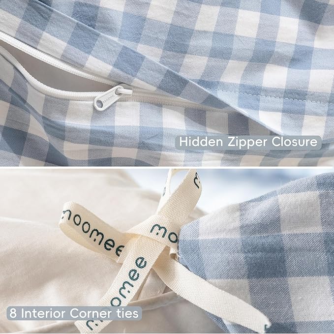 MooMee Gingham Duvet Cover Set 100% Washed Cotton Linen Like Textured Breathable Durable Soft Comfy Modern Checkered Design (Classic Gingham Cornflower Blue, Oversized Full 82"x86")