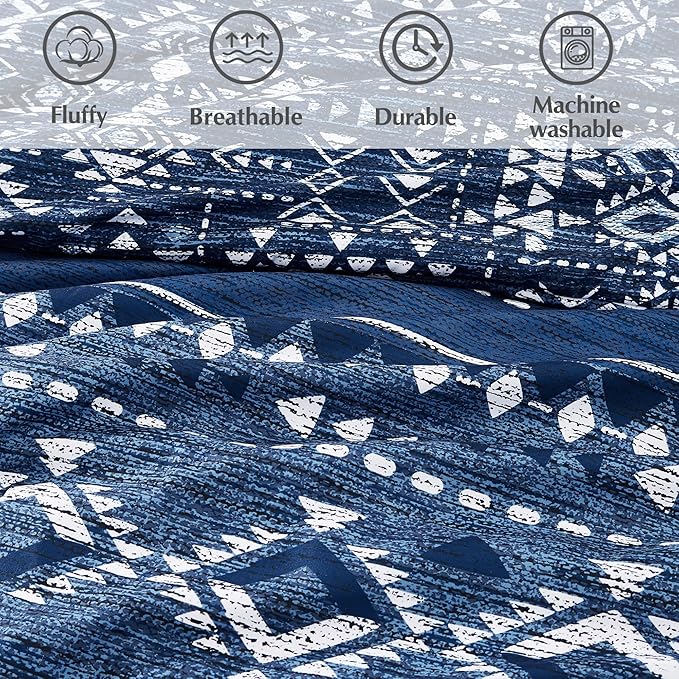 Geniospin Full Comforter Set - 7 Pieces Comforters Full Size, Fluffy Boho Bedding Sets for All Seasons, Bed in a Bag with Flat Sheet and Fitted Sheet, Pillowcase & Sham (Blue, 80''x90'')