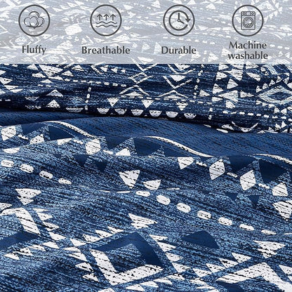 Geniospin Full Comforter Set - 7 Pieces Comforters Full Size, Fluffy Boho Bedding Sets for All Seasons, Bed in a Bag with Flat Sheet and Fitted Sheet, Pillowcase & Sham (Blue, 80''x90'')