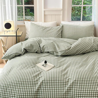 LifeTB Green Gingham Comforter Set California King Modern Style Green Plaid Grid Comforter with 2 Pillowcases Soft Fluffy Checkered Pattern Comforter Farmhouse Gingham Bedding Set Breathable