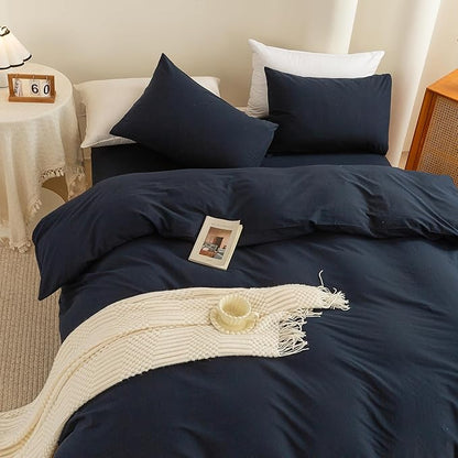 ECOCOTT Navy Blue Duvet Cover Super King Size - 100% Washed Cotton Durable Soft Comfy Bedding Set, 3 Pieces Duvet Cover with Zipper Closure (108''x98'')