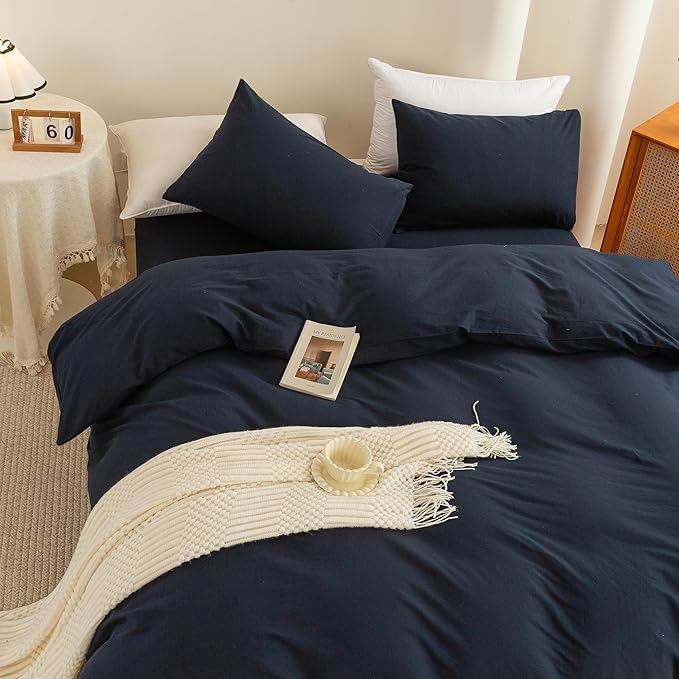 ECOCOTT Navy Blue Duvet Cover Super Queen Size - 100% Washed Cotton Durable Soft Comfy Bedding Set, 3 Pieces Duvet Cover with Zipper Closure (Navy Blue, 98''x90'')