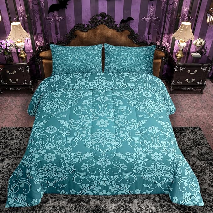 Feelyou Adults Teal Vintage Damask Floral Comforter Set Oriental Antique Comforter Twin Size Gothic Bohemia Boho Flower Bedding Set Bohemian Exotic Duvet Set Quilt Set 2Pcs