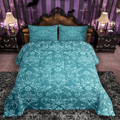 Feelyou Adults Teal Vintage Damask Floral Comforter Set Oriental Antique Comforter Queen Size Gothic Bohemia Boho Flower Bedding Set Bohemian Exotic Duvet Set Quilt Set 3Pcs