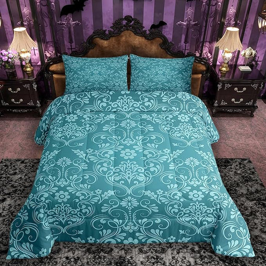 Feelyou Adults Teal Vintage Damask Floral Comforter Set Oriental Antique Comforter Queen Size Gothic Bohemia Boho Flower Bedding Set Bohemian Exotic Duvet Set Quilt Set 3Pcs