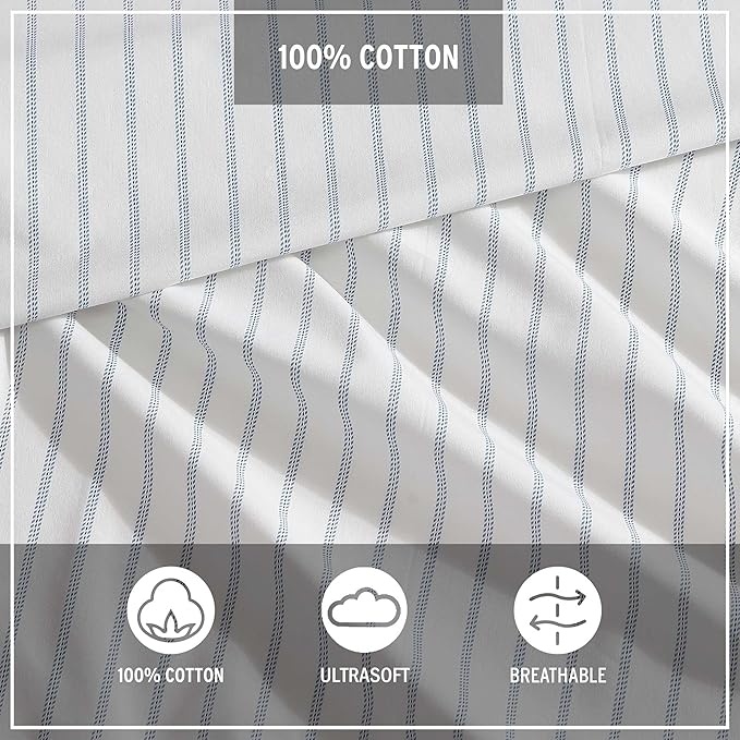 Eddie Bauer - Twin Sheets, Cotton Percale Bedding Set, Crisp & Cool Home Decor (Essential Stripe White, Twin)
