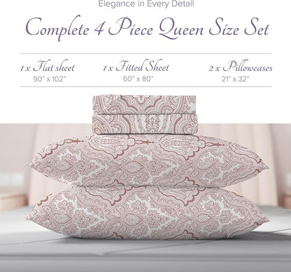 Carressa Linen 100% Egyptian Cotton Queen Size Sheet Set - Printed 600 Thread Count Egyptian Cotton Sheets Queen Size (Paisley Blush Print), Soft, Cooling, Sateen 16" Deep Pocket Luxury Hotel Sheets