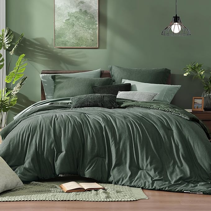 Monbix Super King Plus Comforter Set, Deep Forest Cationic Dyeing Bedding Set Reversible, Bed in a Bag 7 Pieces with Comforter, Sheets, Pillowcases & Shams