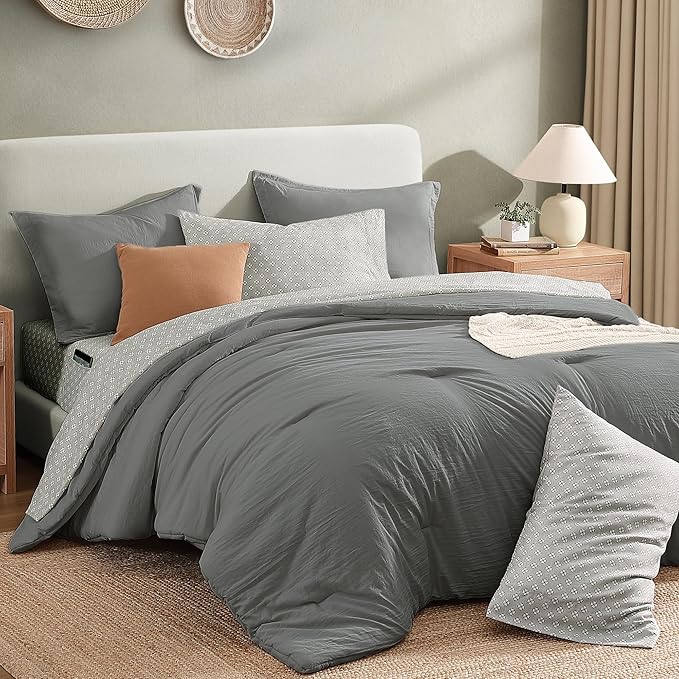 Monbix King Size Comforter Set - 7 Pieces Granite Grey Prewashed Bed in a Bag King Bedding Sets with Comforters, All Seasons Ultra Soft Comforter Bed Set with Sheets,Pillowcases & Shams
