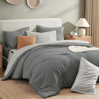 Monbix King Size Comforter Set - 7 Pieces Granite Grey Prewashed Bed in a Bag King Bedding Sets with Comforters, All Seasons Ultra Soft Comforter Bed Set with Sheets,Pillowcases & Shams