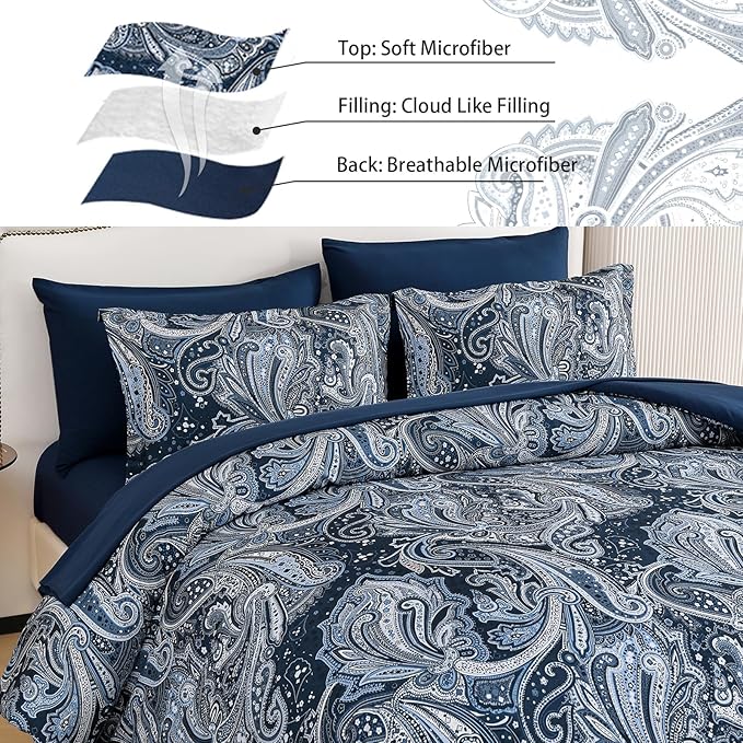 DJY Navy Paisley Comforter Set King Size 7 Piece Bed in a Bag Boho Paisley Pattern Comforter Set Soft Lightweight Microfiber Blue Reversible Bedding Set for All Season (104''x90'')