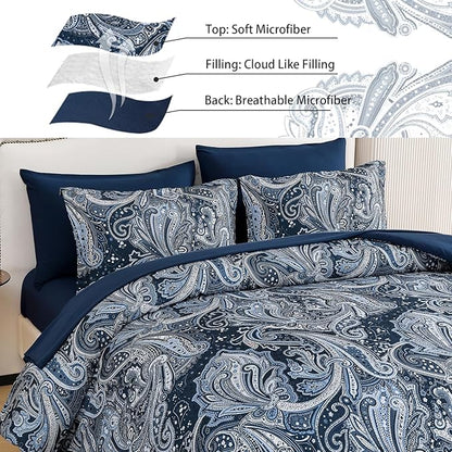 DJY Navy Paisley Comforter Set Full Size 7 Piece Bed in a Bag Boho Paisley Pattern Comforter Set Soft Lightweight Microfiber Blue Reversible Bedding Set for All Season