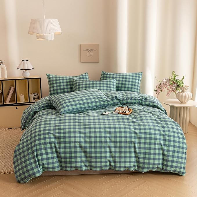 ECOCOTT Grid Plaid Duvet Cover Queen Size -100% Washed Cotton Linen Like Textured Breathable Durable Soft Comfy Bedding Set Mini Green Blue Plaid Comforter Cover