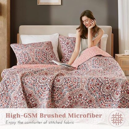Comfort Spaces Valerie Boho Quilt Set Full/Queen Pink - Reversible Lightweight Bedding with Watercolor Medallion, Cozy All Season Quilt for Guest Room, Dorm, Teen or Adult Bed