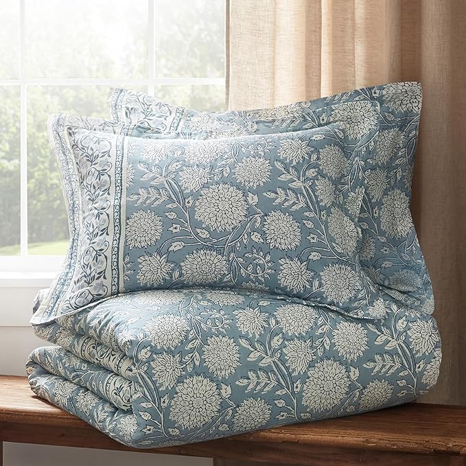 Levtex Home Adare Blue Reversible Full/Queen Comforter Set (90x94in) with 2 Pillowcases (26x20in) - Floral Bedding - Blue and White - 100% Cotton Full/Queen Size Comforter Set - Soft, Pre-Washed