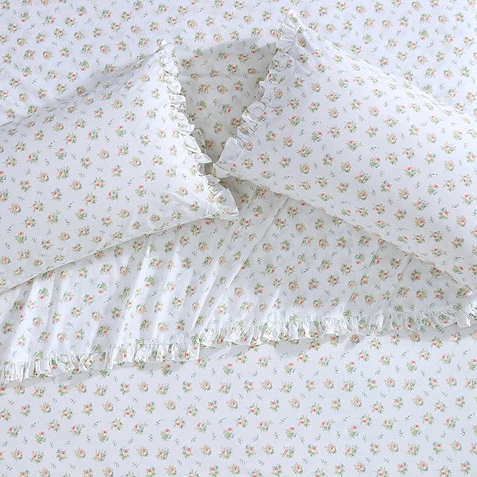 Laura Ashley - Twin Sheet Set, Breathable Percale Cotton Bedding, 200 Thread Count, Floral Home Decor (Roseford Orange, Twin)