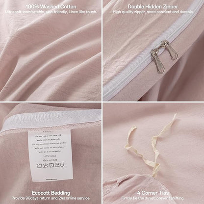 ECOCOTT Duvet Cover King Size - 100% Washed Cotton Durable Soft Comfy Duvet Cover Set, 3 Pieces Duvet Cover with Zipper Closure, No Comforter (Greyish Pink)