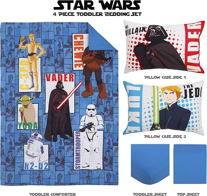 Disney Star Wars Galaxies Await 4 Piece Toddler Bedding Set Fitted Sheet, Pillow Case, Top Sheet, and Comforter Quilt - Blue