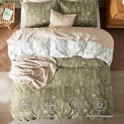 Bedsure Twin/Twin XL Duvet Cover - Reversible Olive Green Duvet Cover Set with Zipper Closure, 2 Pieces Cute Floral Patterned Bedding Set with 8 Corner Ties and 1 Pillow Sham
