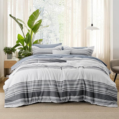 Bedsure Queen Comforter Set 7 Pieces, Dark Grey Striped Bedding Set for All Seasons, Reversible, Cationic Dyeing Bed in a Bag with Comforter, Sheets, Pillowcases & Shams