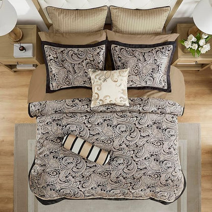 Madison Park Aubrey Cozy Comforter Set, Faux Silk Jacquard Paisley Design - All Season Down Alternative Bedding with Cotton Bed Sheets, Bed Skirt & Toss Pillows, Full Black 12 Piece