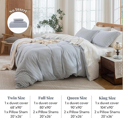 MILDLY Blue Striped Duvet Cover - 100% Washed Cotton Jacquard Boho Textured Comforter Cover 3pcs with Zipper Closure 80"x90"