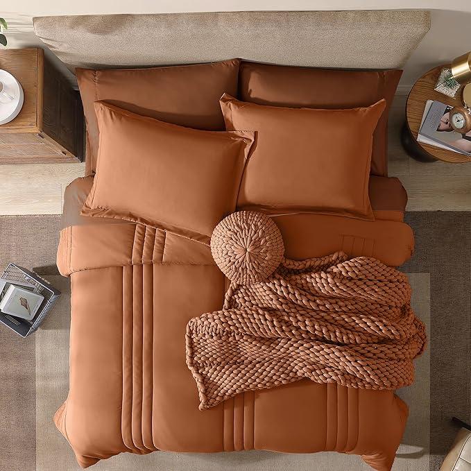 Monbix King Size Comforter Set - 7 Pieces Bed in a Bag King, Burnt Orange Bedding Sets with Comforter, All Seasons Comforter Bed Set with Sheets, Pillowcases & Shams