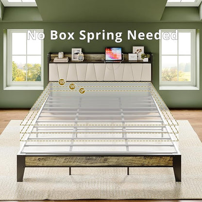 LIKIMIO California King Bed Frame, Storage Headboard with Charging Station, Solid and Stable, Noise Free, No Box Spring Needed, Easy Assembly (Walnut and Beige)