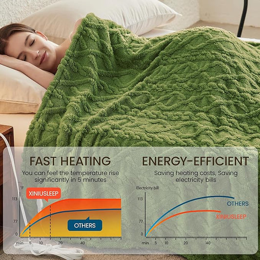 Heated Blanket Electric Blanket 62"x84", Soft Taffeta Sherpa Electric Throw with 5 Heating Level & 1-12 Hour Auto Off, Heated Throw with Overheating Protection, Machine Washable(Dark Green)